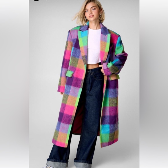 Nasty Gal Jackets & Blazers - NastyGal Multi Check Single Breasted Tailored oversized Coat size S-M
